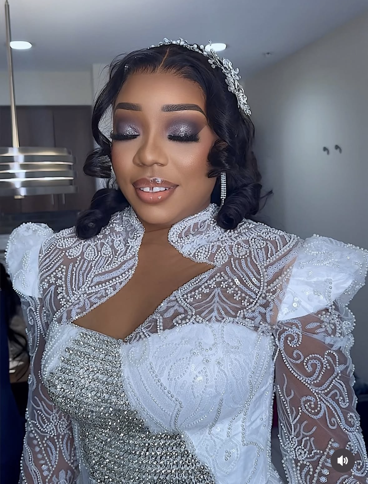 Bridal glam with silver beaded gown and hair vine