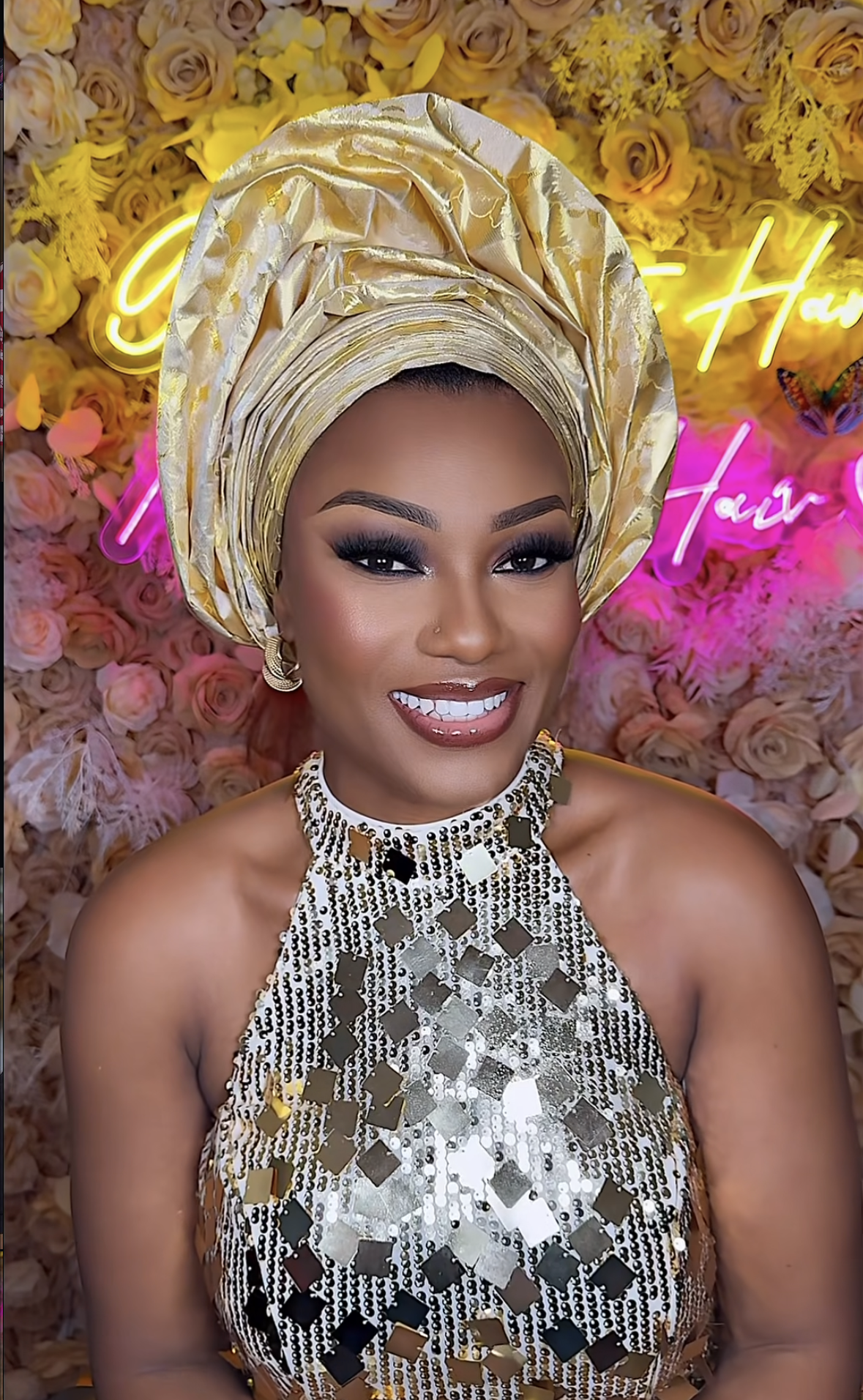 Bridal glam with gold gele and sequin dress